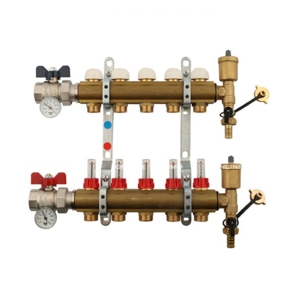 Распределительный коллектор (группа) с расходомерами Tiemme 3870001 ВР-НР 1", на 5 контуров НР 3/4" ЕК, латунь, с концевыми группами, с шаровыми кранами