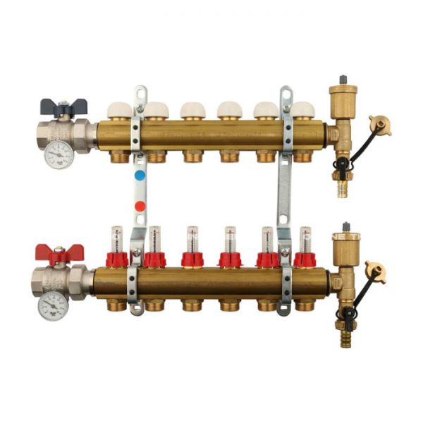 Распределительный коллектор (группа) с расходомерами Tiemme 3870002 ВР-НР 1", на 6 контуров НР 3/4" ЕК, латунь, с концевыми группами, с шаровыми кранами