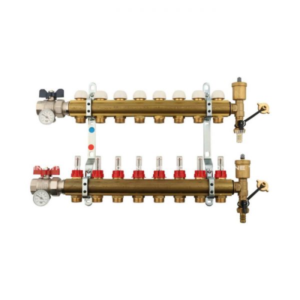 Распределительный коллектор (группа) с расходомерами Tiemme 3870003 ВР-НР 1", на 8 контуров НР 3/4" ЕК, латунь, с концевыми группами, с шаровыми кранами