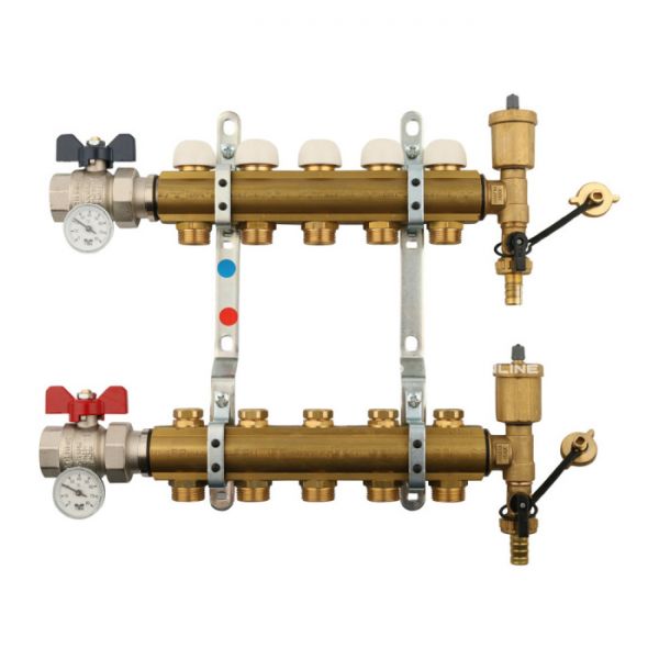 Распределительный коллектор (группа) для отопления Tiemme 3870006 ВР-НР 1", на 5 контуров НР 3/4" ЕК, латунь, с концевыми группами, с шаровыми кранами