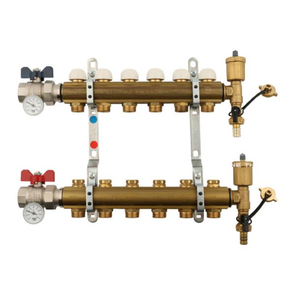 Распределительный коллектор (группа) для отопления Tiemme 3870007 ВР-НР 1", на 6 контуров НР 3/4" ЕК, латунь, с концевыми группами, с шаровыми кранами