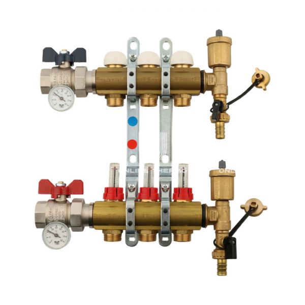 Распределительный коллектор (группа) с расходомерами Tiemme 3870008 ВР-НР 1", на 3 контура НР 3/4" ЕК, латунь, с концевыми группами, с шаровыми кранами