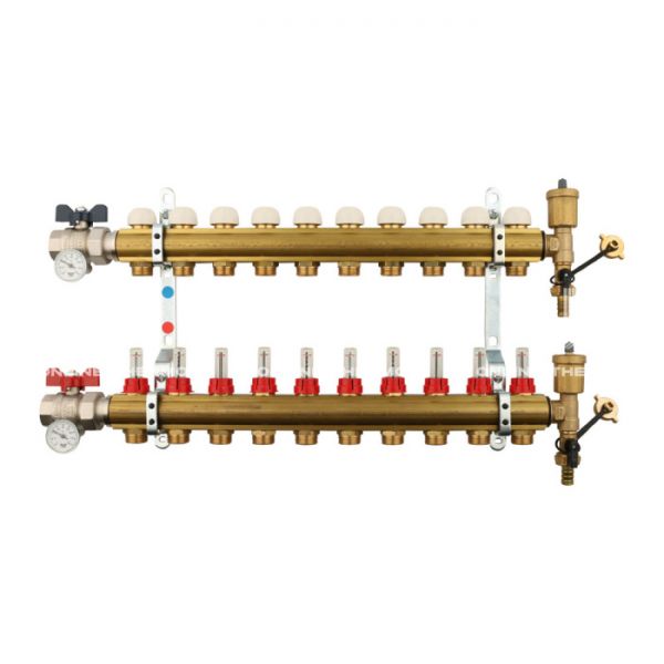 Распределительный коллектор (группа) с расходомерами Tiemme 3870011 ВР-НР 1", на 10 контуров НР 3/4" ЕК, латунь, с концевыми группами, с шаровыми кранами