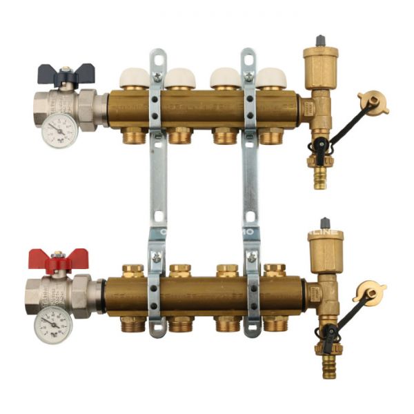 Распределительный коллектор (группа) для отопления Tiemme 3870030 ВР-НР 1", на 3 контура НР 3/4" ЕК, латунь, с концевыми группами, с шаровыми кранами