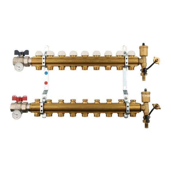 Распределительный коллектор (группа) для отопления Tiemme 3870042 ВР-НР 1", на 9 контуров НР 3/4" ЕК, латунь, с концевыми группами, с шаровыми кранами