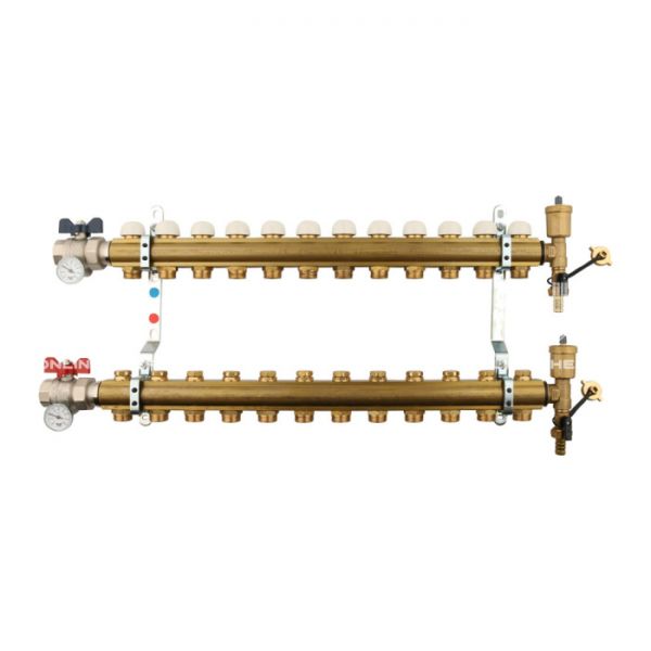 Распределительный коллектор (группа) для отопления Tiemme 3870067 ВР-НР 1", на 11 контуров НР 3/4" ЕК, латунь, с концевыми группами, с шаровыми кранами