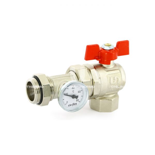 *Кран шаровый Uni-Fitt 138T4000, 1" ВР-НР, коллекторный с термометром, угловой, ручка-бабочка