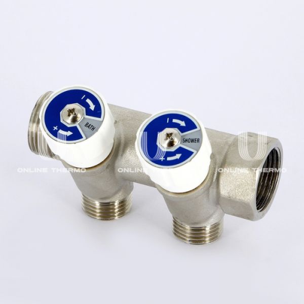 Коллектор распределительный с запорными клапанами Uni-fitt 400N3220, 3/4" ВР-НР, на 2 контура 1/2" НР, модульный, конусное соединение