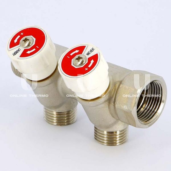 Коллектор распределительный с запорными клапанами Uni-fitt 402N3320, 3/4" ВР-НР, на 2 контура 3/4" НР, модульный, конусное соединение