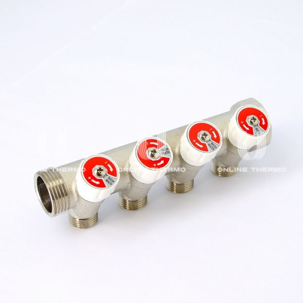 *Коллектор распределительный с запорными клапанами Uni-fitt 404N4240, 1" ВР-НР, на 4 контура 1/2" НР, модульный, конусное соединение