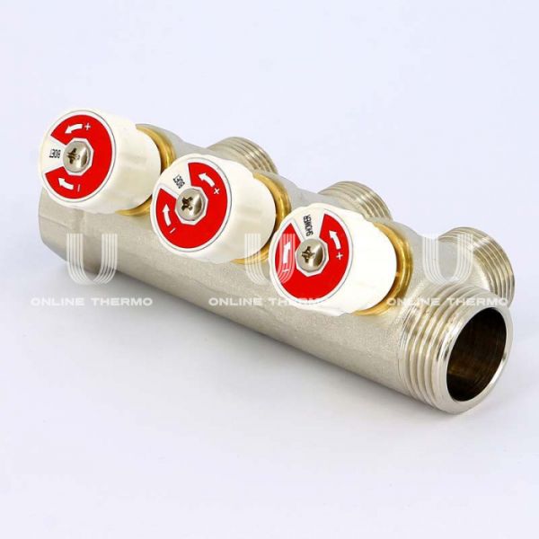 Коллектор распределительный с запорными клапанами Uni-fitt 406N4330, 1" ВР-НР, на 3 контура 3/4" НР, модульный, конусное соединение