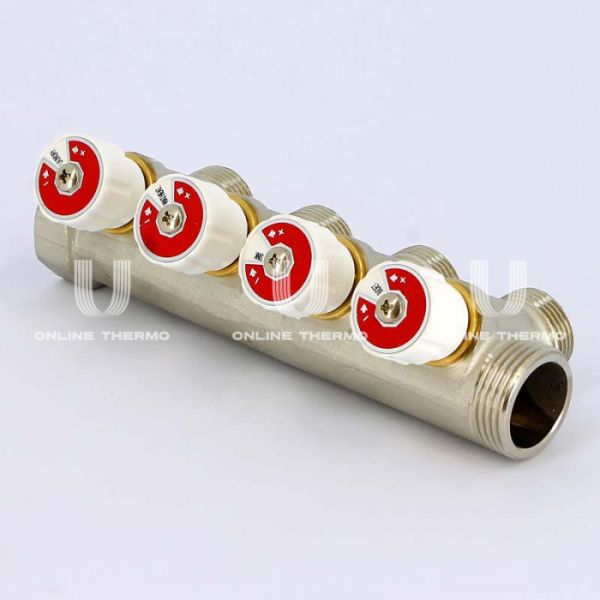 Коллектор распределительный с запорными клапанами Uni-fitt 406N4340, 1" ВР-НР, на 4 контура 3/4" НР, модульный, конусное соединение