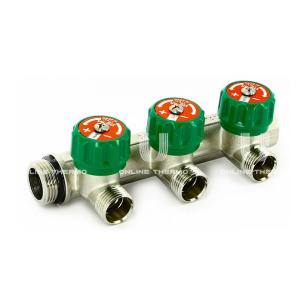 Регулирующий проходной коллектор Uni-fitt 410N3220, 3/4" ВР-НР, на 2 контура под 90° 1/2" НР, модульный, конусное соединение