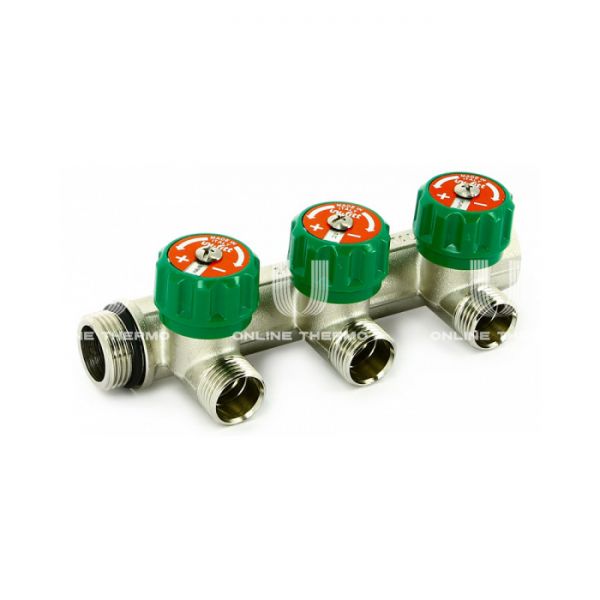 Регулирующий проходной коллектор Uni-fitt 410N4330, 3/4" ВР-НР, на 3 контура под 90° 1" НР, модульный, никелированный