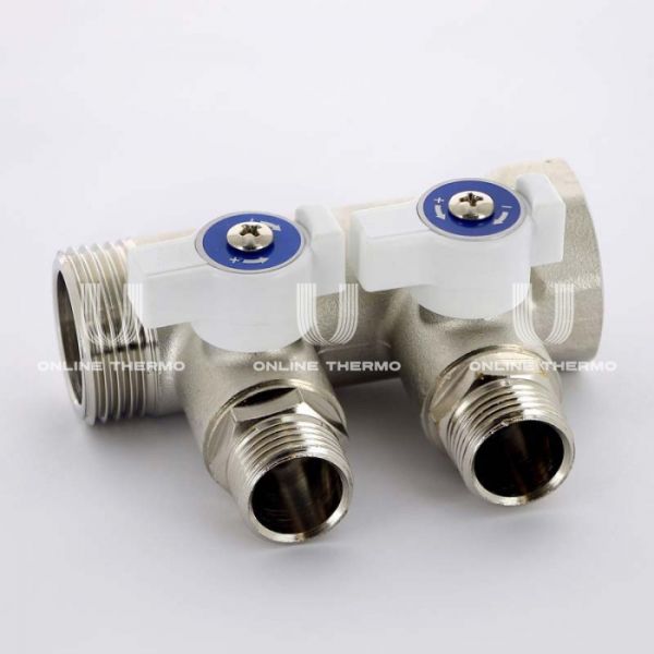 Коллектор Uni-Fitt с шаровыми кранами 424N4220, 1" ВР-НР на 2 контура 1/2" НР, модульный, конусное соединение