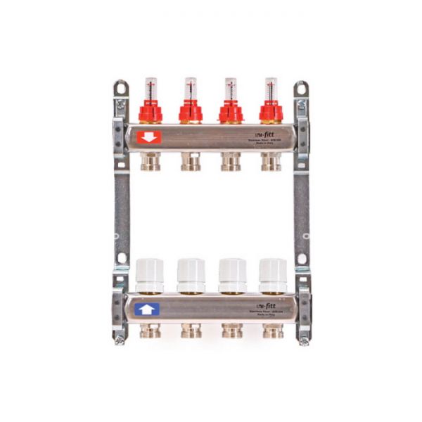 Распределительный коллектор (группа) с расходомерами Uni-fitt 450B4306 ВР 1", на 6 контуров  3/4" EK, нержавеющая сталь