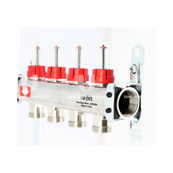 Распределительный коллектор (группа) с расходомерами Uni-fitt 450B4310 ВР 1", на 10 контуров  3/4" EK, нержавеющая сталь