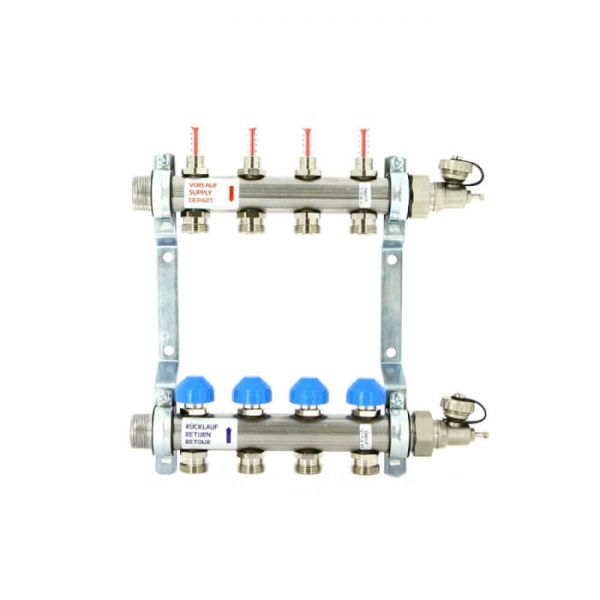 Распределительный коллектор (группа) с расходомерами Uni-fitt 455W4304 НР 1", на 4 контура 3/4" EK, нержавеющая сталь, с концевыми группами