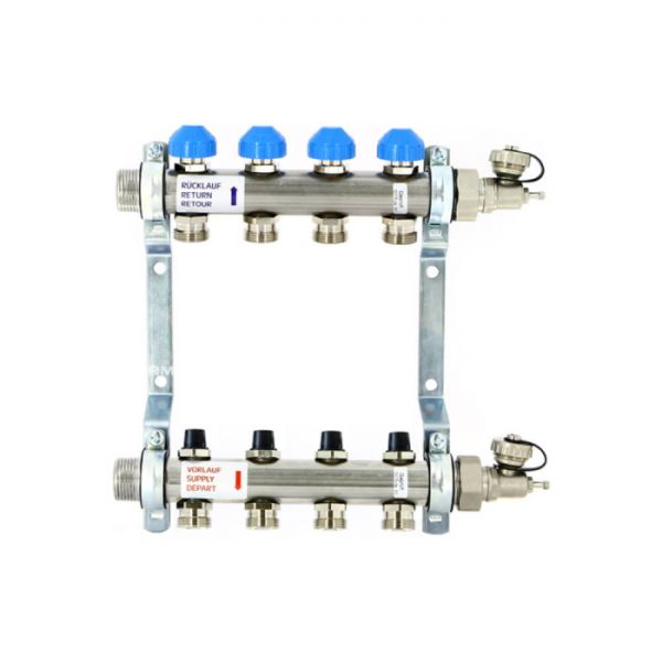 Распределительный коллектор (группа) для отопления  Uni-fitt 456W4309 НР 1", на 9 контуров 3/4" ЕК, нержавеющая сталь, с концевыми группами