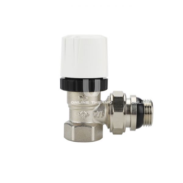 Термостатический клапан (терморегулятор) Varmega VM10411, 1/2" ВР-НР, угловой, с самоуплотняющимся полусгоном, без преднастройки