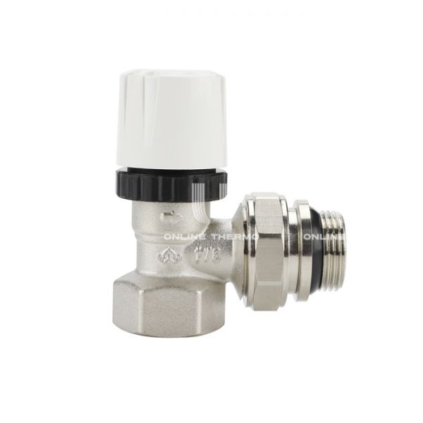 Термостатический клапан (терморегулятор) Varmega VM10413, 3/4" ВР-НР, угловой, с самоуплотняющимся полусгоном, без преднастройки