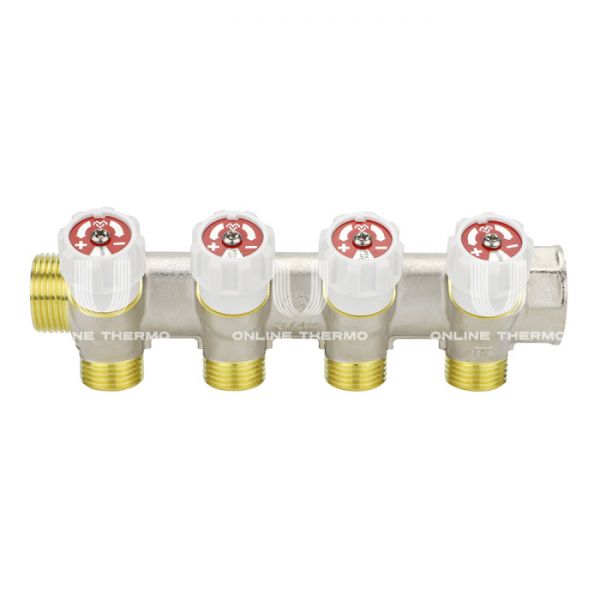 Коллектор распределительный с запорными клапанами Varmega VM14714, 3/4", на 4 выхода 3/4"ЕК