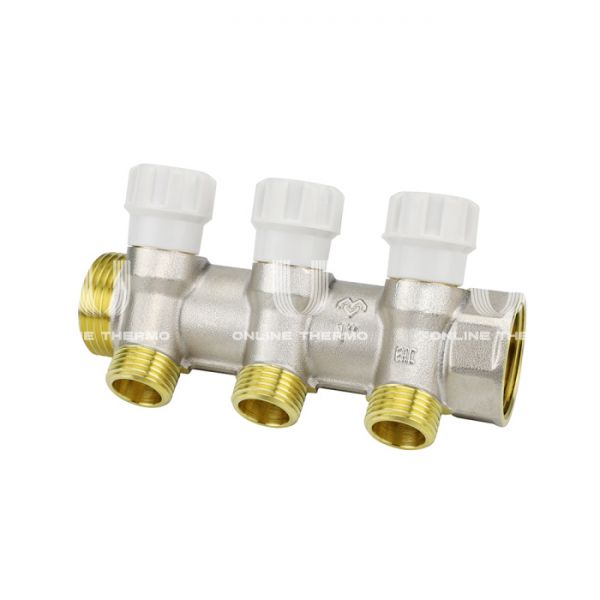 Коллектор распределительный с запорными клапанами Varmega VM14723, 1", на 3 выхода 1/2"