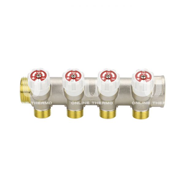 Коллектор распределительный с запорными клапанами Varmega VM14724, 1", на 4 выхода 1/2"