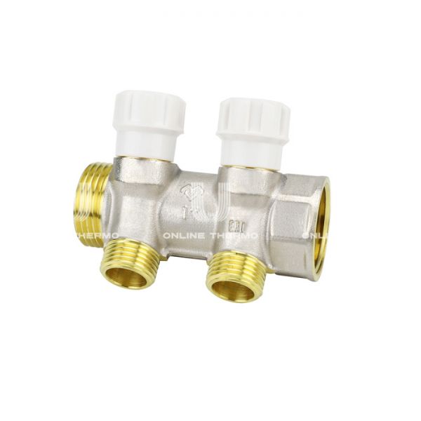 Коллектор распределительный с запорными клапанами Varmega VM14732, 1", на 2 выхода 3/4"ЕК