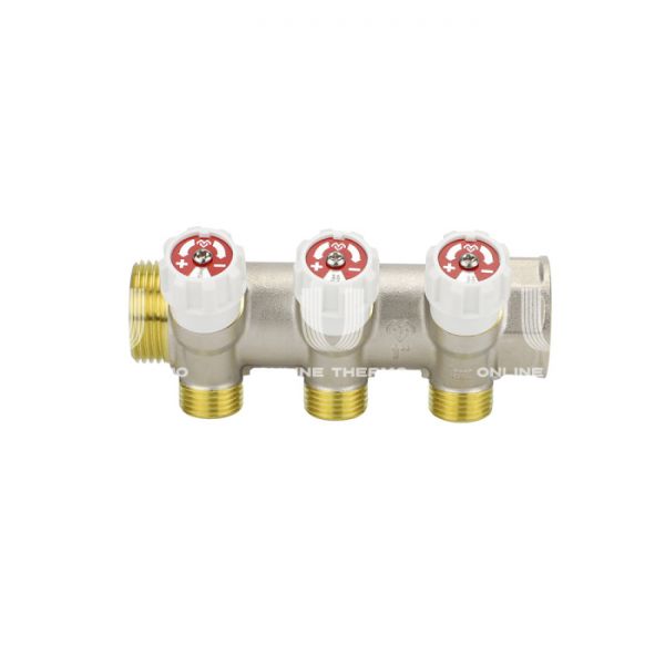 Коллектор распределительный с запорными клапанами Varmega VM14733, 1", на 3 выхода 3/4"ЕК