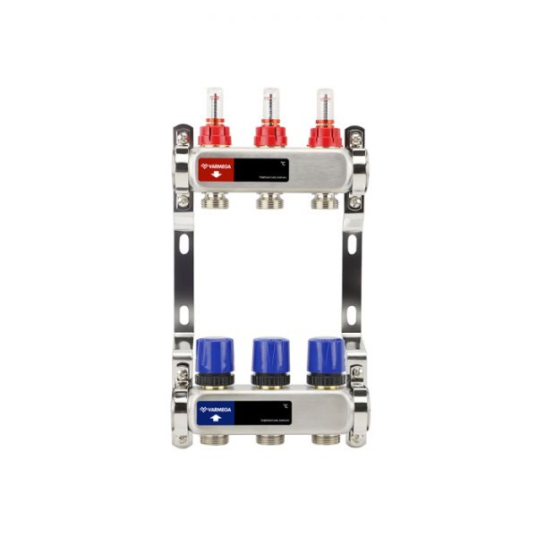 Распределительный коллектор (группа) с расходомерами Varmega VM15103 ВР 1", на 3 контура 3/4" EK, нержавеющая сталь