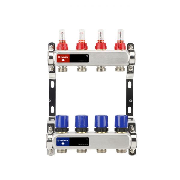 Распределительный коллектор (группа) с расходомерами Varmega VM15104 ВР 1", на 4 контура 3/4" EK, нержавеющая сталь