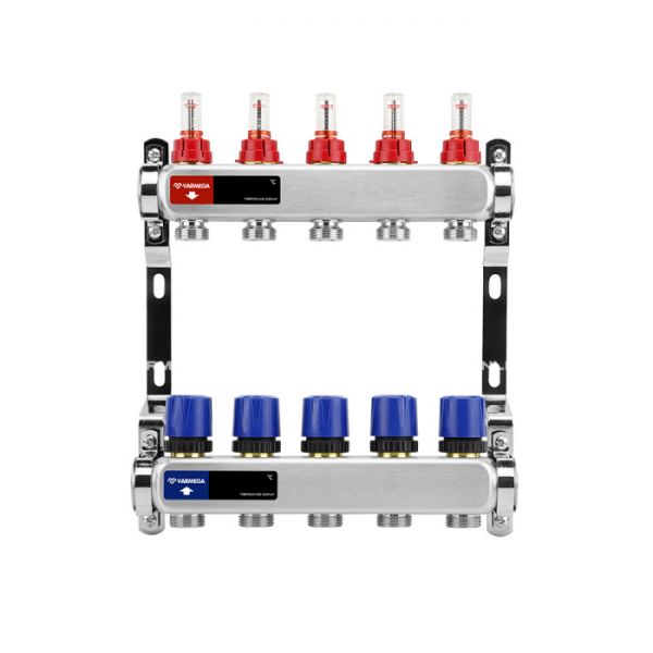 Распределительный коллектор (группа) с расходомерами Varmega VM15105 ВР 1", на 5 контуров 3/4" EK, нержавеющая сталь