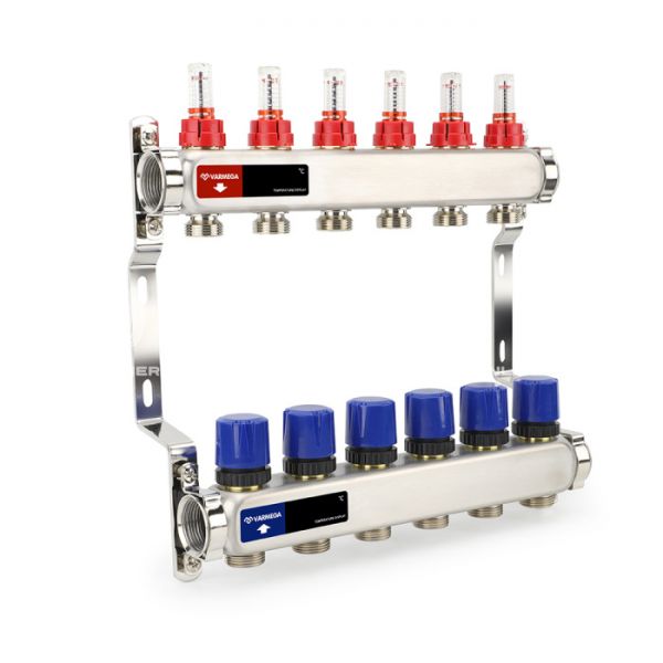 Распределительный коллектор (группа) с расходомерами Varmega VM15106 ВР 1", на 6 контуров 3/4" EK, нержавеющая сталь