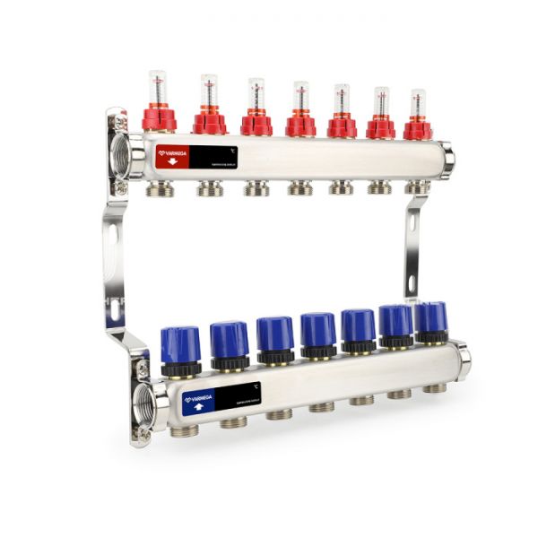 Распределительный коллектор (группа) с расходомерами Varmega VM15107 ВР 1", на 7 контуров 3/4" EK, нержавеющая сталь