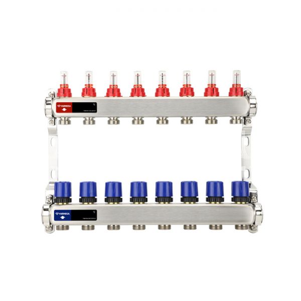 Распределительный коллектор (группа) с расходомерами Varmega VM15108 ВР 1", на 8 контуров 3/4" EK, нержавеющая сталь