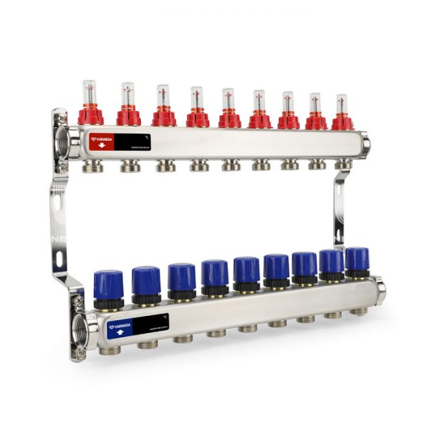 Распределительный коллектор (группа) с расходомерами Varmega VM15109 ВР 1", на 9 контуров 3/4" EK, нержавеющая сталь