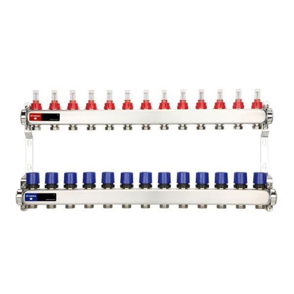 Распределительный коллектор (группа) с расходомерами Varmega VM15113 ВР 1", на 13 контуров 3/4" EK, нержавеющая сталь