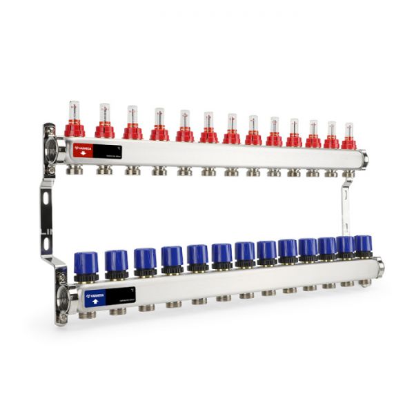 Распределительный коллектор (группа) с расходомерами Varmega VM15113 ВР 1", на 13 контуров 3/4" EK, нержавеющая сталь