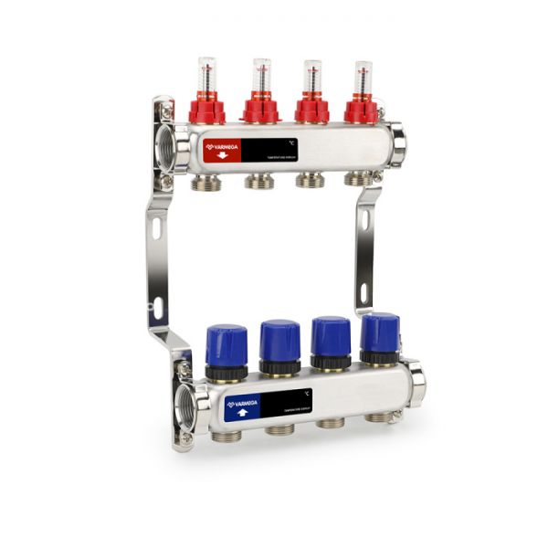 Коллекторная группа с расходомерами Varmega VM15404 ВР 1", на 4 контура 3/4" EK, латунь