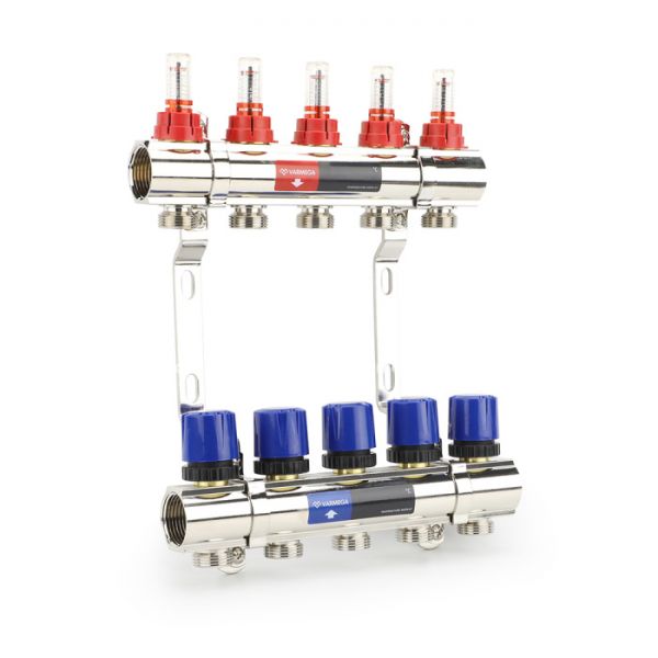 Коллекторная группа с расходомерами Varmega VM15405 ВР 1", на 5 контуров 3/4" EK, латунь