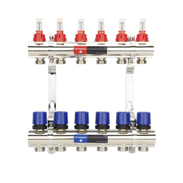 Коллекторная группа с расходомерами Varmega VM15406 ВР 1", на 6 контуров 3/4" EK, латунь