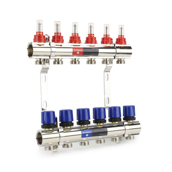 Коллекторная группа с расходомерами Varmega VM15406 ВР 1", на 6 контуров 3/4" EK, латунь