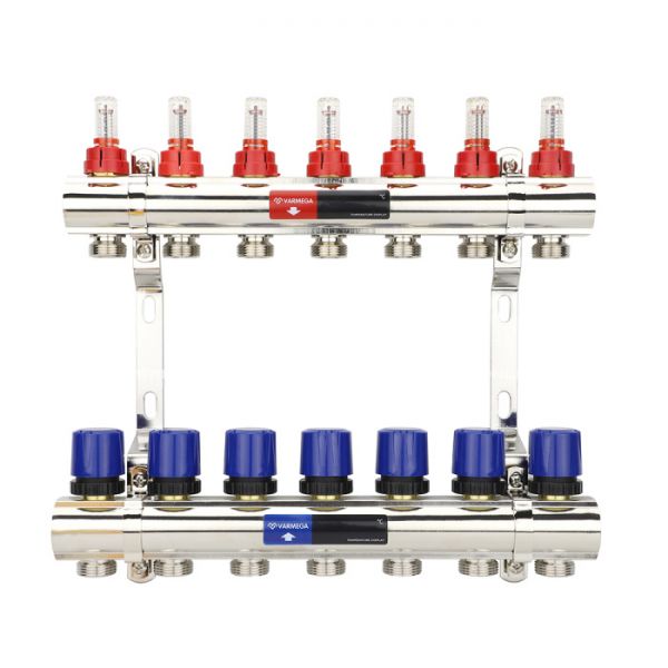 Коллекторная группа с расходомерами Varmega VM15407 ВР 1", на 7 контуров 3/4" EK, латунь