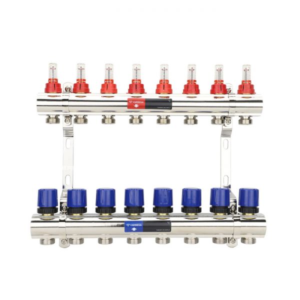 Коллекторная группа с расходомерами Varmega VM15408 ВР 1", на 8 контуров 3/4" EK, латунь