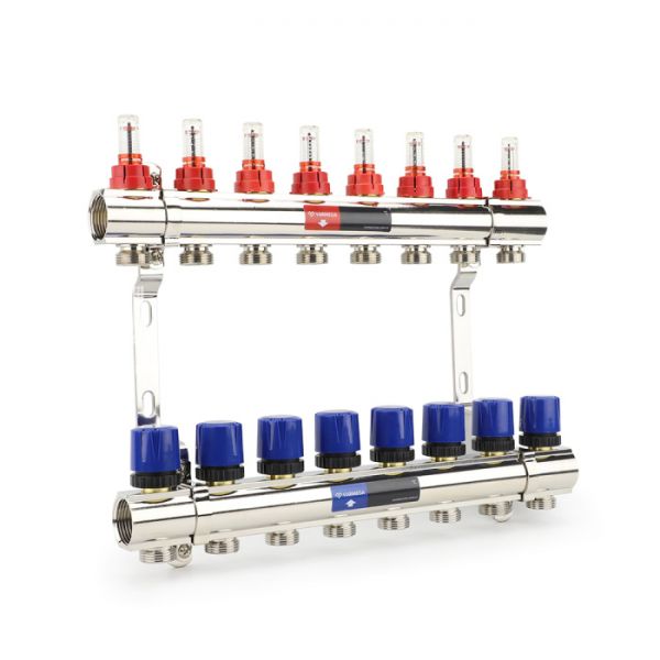 Коллекторная группа с расходомерами Varmega VM15408 ВР 1", на 8 контуров 3/4" EK, латунь