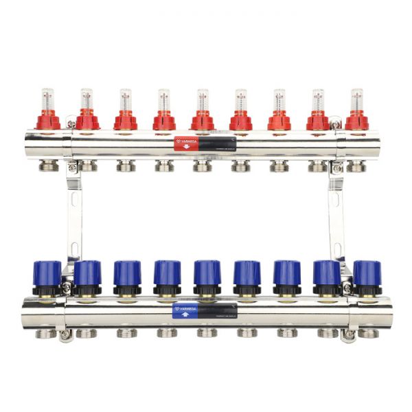 Коллекторная группа с расходомерами Varmega VM15409 ВР 1", на 9 контуров 3/4" EK, латунь