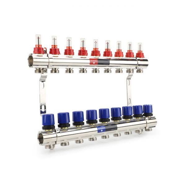 Коллекторная группа с расходомерами Varmega VM15409 ВР 1", на 9 контуров 3/4" EK, латунь