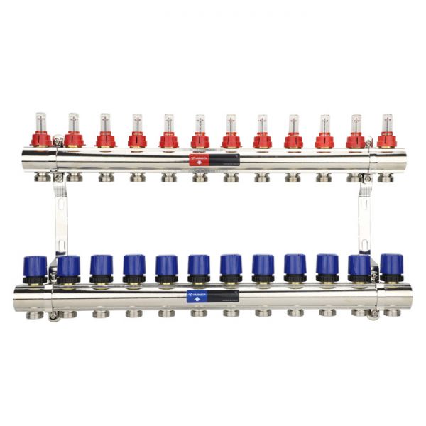 Коллекторная группа с расходомерами Varmega VM15412 ВР 1", на 12 контуров 3/4" EK, латунь