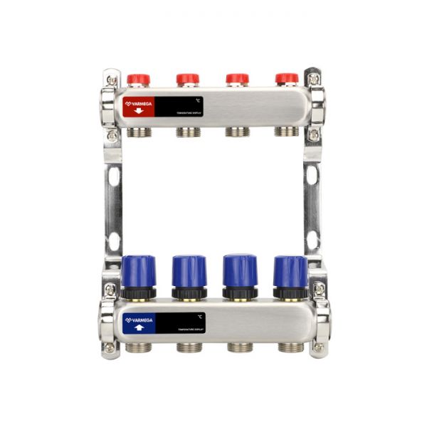 Распределительный коллектор (группа) для отопления Varmega VM15504 ВР 1", на 4 контура 3/4" EK, нержавеющая сталь